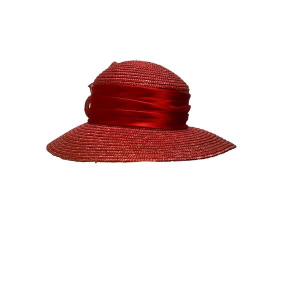 Bright Red Women's Derby Wide Brim Straw Embellished Hat Satin Band Fabric Rose - Picture 4 of 8
